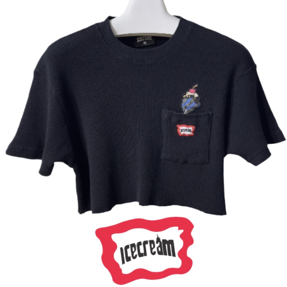 ICECREAM | Black Cropped Waffle Knit Single Stitch Y2K Hide And Seek Top Shirt